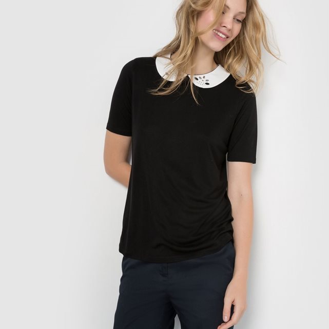 T shirt noir col Claudine blanc