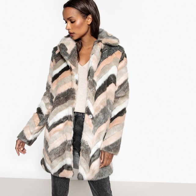 Manteau femme fausse fourrure blanc gris nude