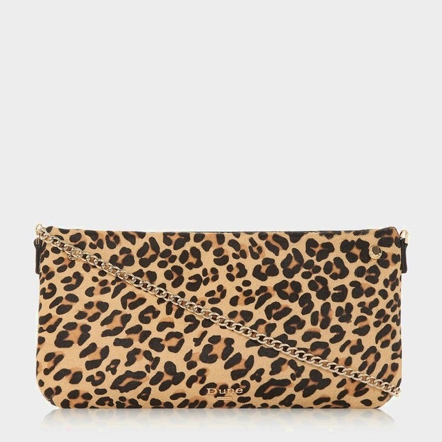 Pochette bandouliere chaine dore en cuir leopard Dune London