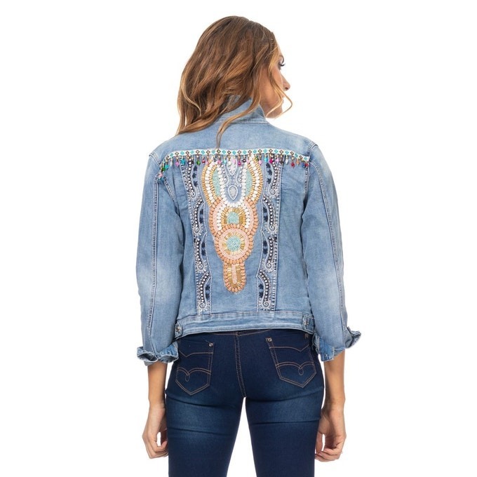 Veste en jean clair délavée bleached broderies strass Tantra