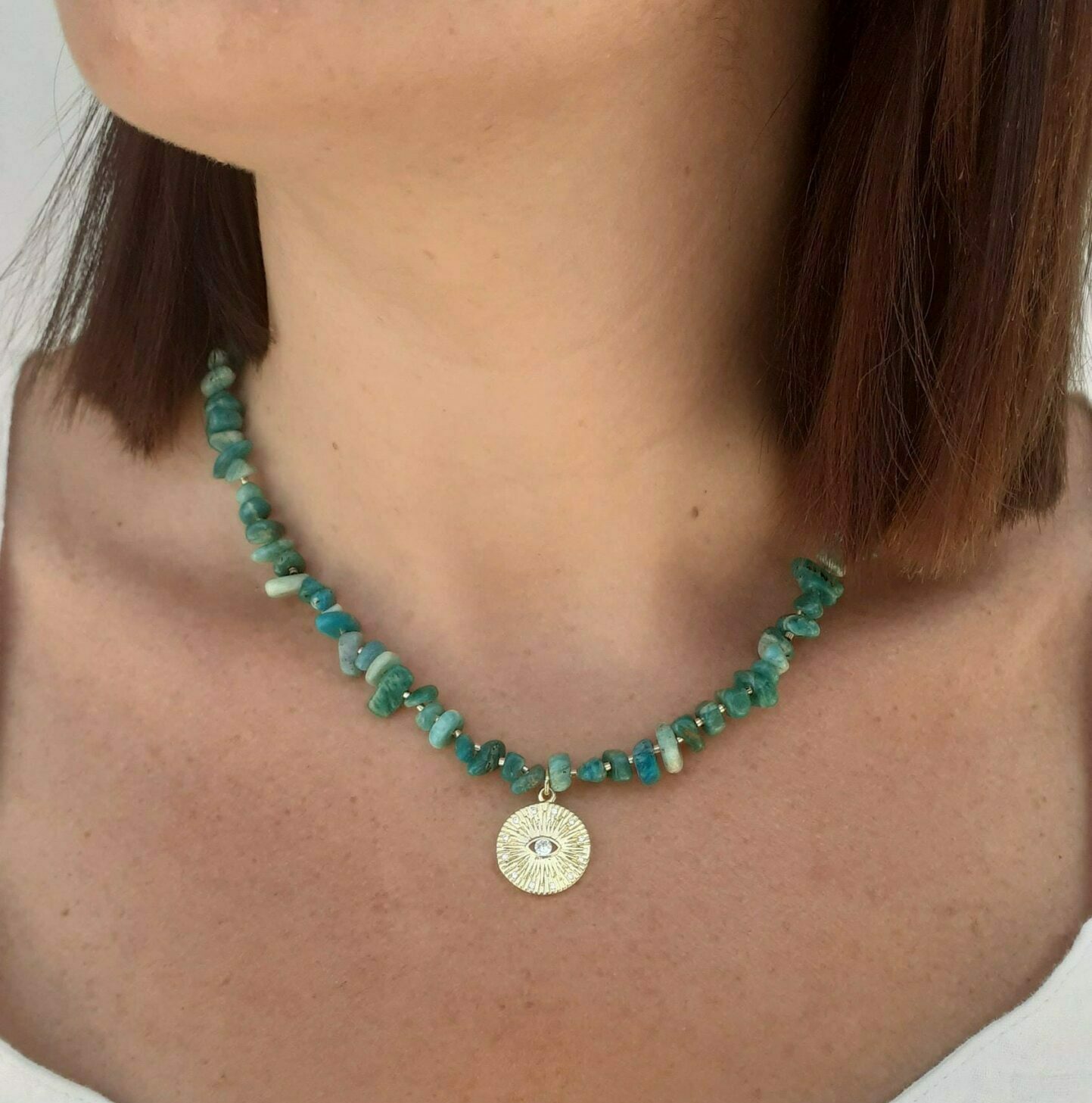 Vente de bijoux fantaisie - Collier en aventurine médaille pendentif oeil acier inxoxydable doré plaqué or amazonite